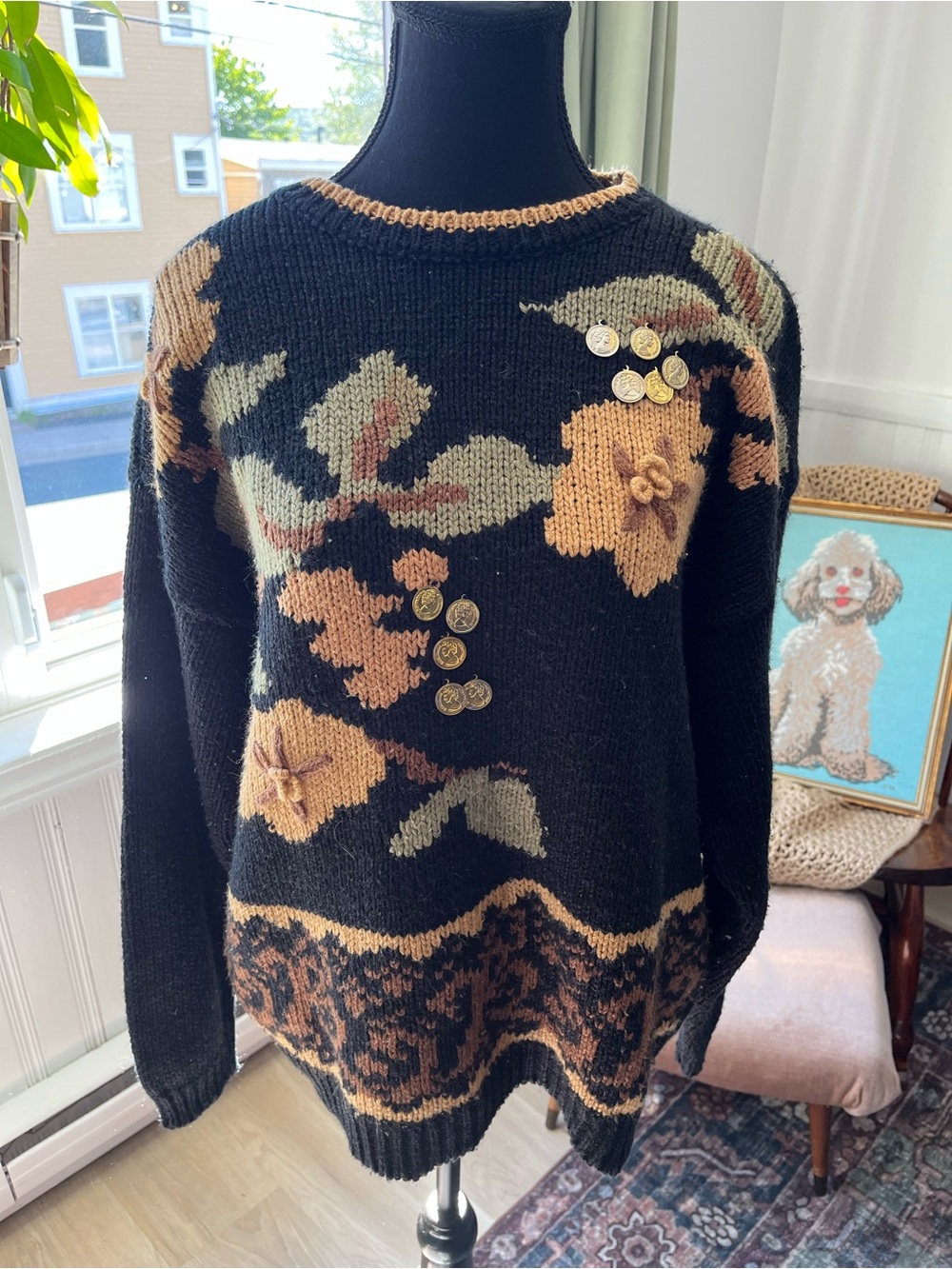 Women’s Vintage Black Floral Knit Sweater with Gold Coin Accents Size L - Picture 2 of 7